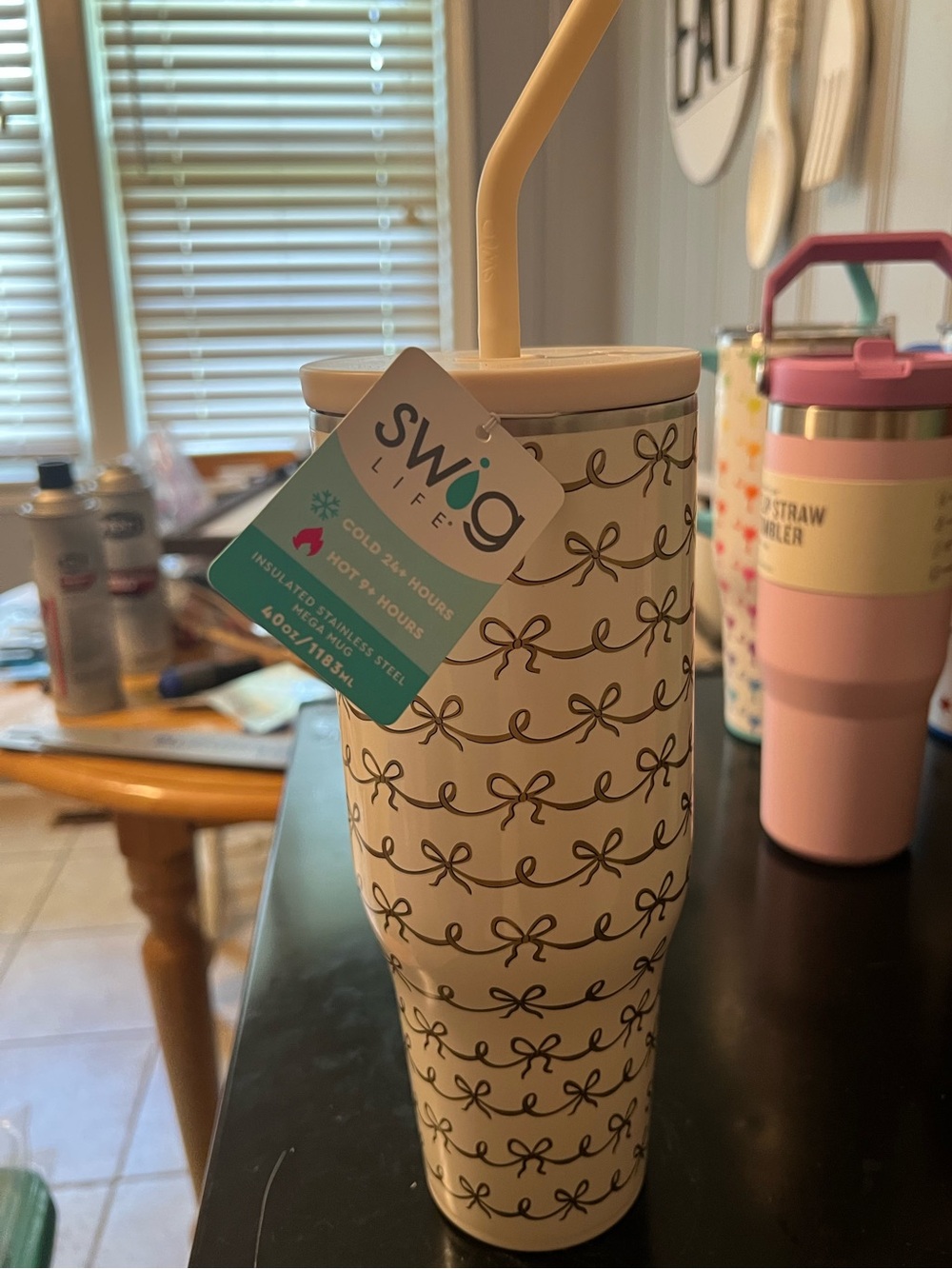 Swig Life Cream Bow Pattern Insulated Tumbler with Straw
